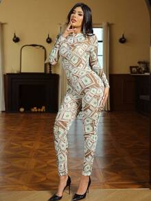 SHEIN Mesh US Dollar Full Body Print Sheer Jumpsuit,Sage Green,Summer,Sexy,Prom,Rave,High Stretch Mesh Patchwork Jumpsuit For Party&Music Festival - Gold - View 4