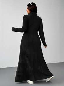 SHEIN EZwear 黑色羊毛罗纹高领休闲加大码长款连衣裙，秋冬款 - 黑色 - 查看 2