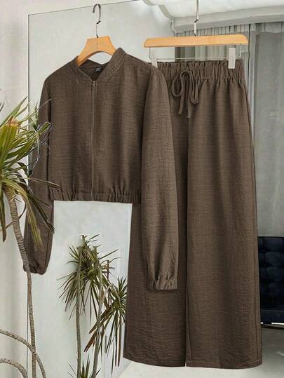 SHEIN LUNE Women 2-Piece Outfit - Long Sleeve Zip-Up Top And Drawstring Pants