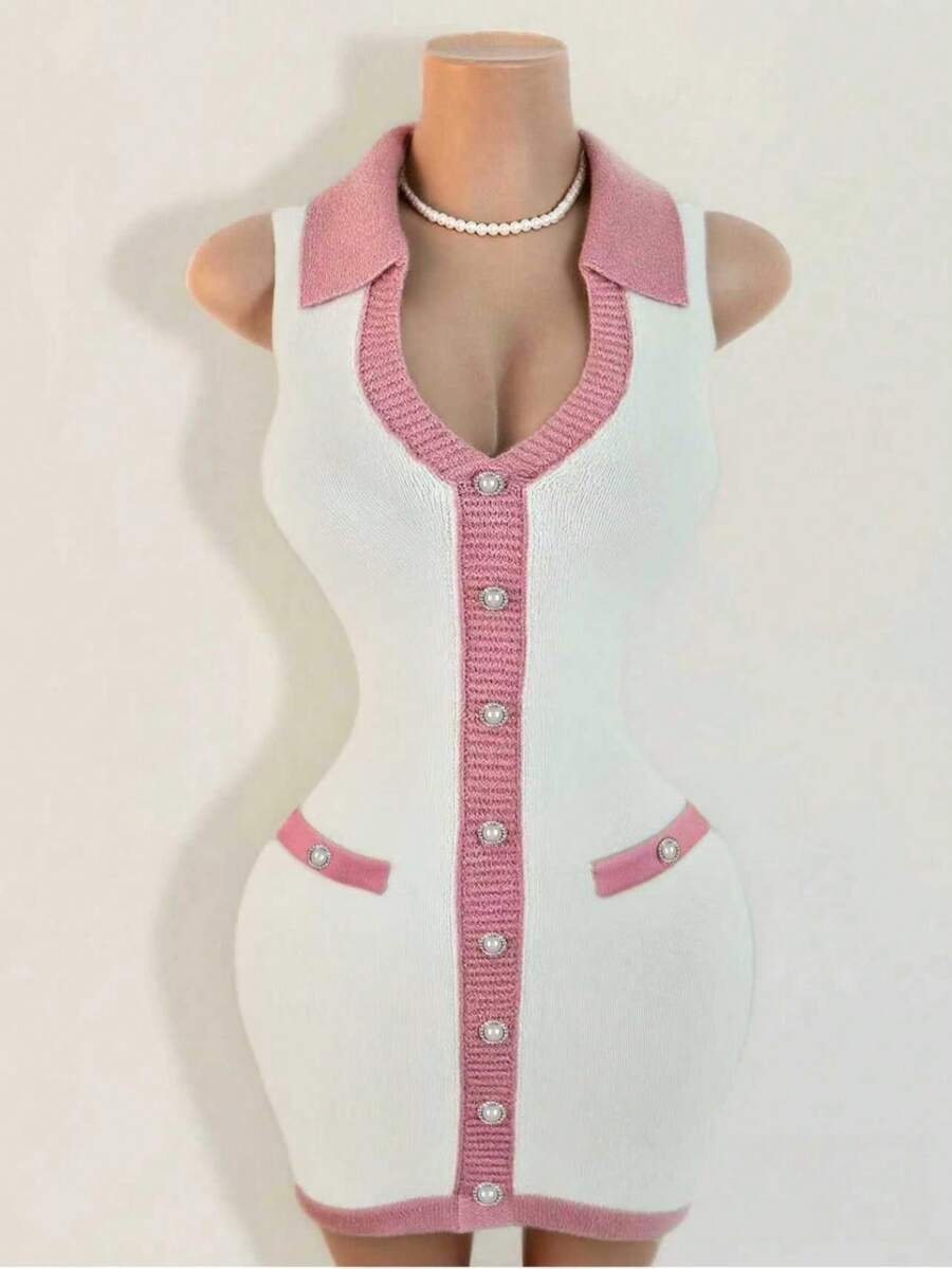 Mistrie 黑白收腰女式毛衣裙，撞色领口迷你针织毛衣裙，休闲性感春夏女装，满足基本旅行需求 - 彩色 - 查看 1