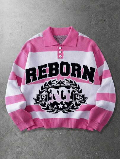 Street Life Suéter de punto de manga larga con cuello polo, estampado de letras y rayas, corte holgado y casual para hombre, otoño/invierno