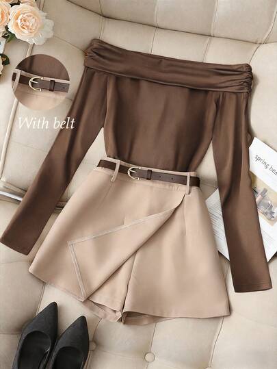 Franclia Conjunto de 2 piezas de mujer, top de manga larga con un hombro, fruncido, en color negro, de estilo casual y chic, combinado con shorts/falda caqui con cinturón, para primavera/otoño