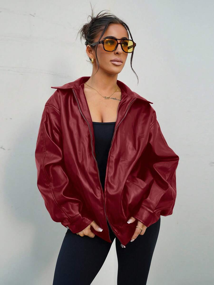 SAYEHFBABY Drop Shoulder Zip Up Black PU Jacket In Fall/Winter - Red - View 1