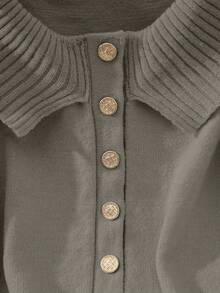 Franclia Button Decor Off Shoulder Solid Color Elegant Long Sleeve Sweater - Dark Grey - View 3