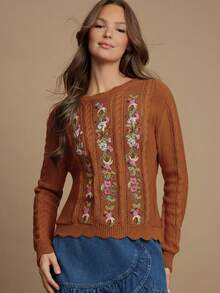 WESTFADE Floral Embroidered Cable Knit Crew Neck Long Sleeve Relaxed Knit Sweater - Red - View 5