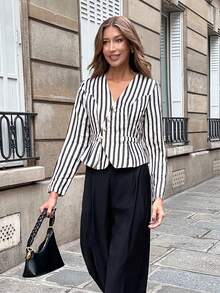 Chiquease Women's Casual Commuter French Striped Long Sleeve Button Waist Textured Blouse, Autumn - Black - View 4