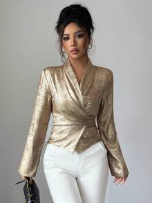 Elenzga 女式衬衫上衣，腰带，交叉领，喇叭袖，时尚基本款外套 - 白色 - 查看 6