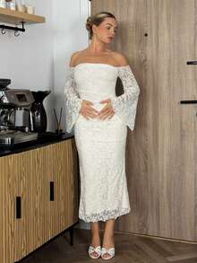 Bethéva Vestido ajustado de encaje de flores de malla con hombros descubiertos, estilo vintage elegante de punto jacquard para mujer. Atuendo casual para vacaciones, fiestas, verano. Vestido blanco de verano para mujer. Vestido de fiesta, cumpleaños, boda, Pascua, primavera. - Albaricoque - Ver 1