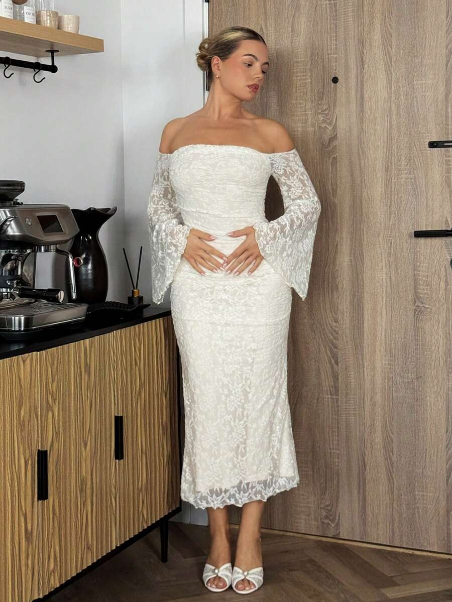 Bethéva Vestido ajustado de encaje de flores de malla con hombros descubiertos, estilo vintage elegante de punto jacquard para mujer. Atuendo casual para vacaciones, fiestas, verano. Vestido blanco de verano para mujer. Vestido de fiesta, cumpleaños, boda, Pascua, primavera. - Albaricoque - Ver 1