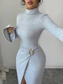 SHEIN Raffinéa Váy bó sát cổ lọ tay dài dệt kim ấm áp dành cho nữ, mùa thu/đông - Xám - Xem 6