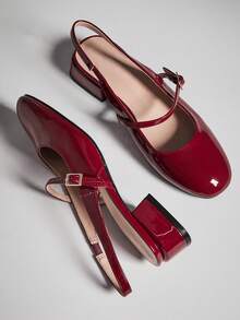 SHUZIA #巴黎风情 女士法式优雅方头粗跟漆皮酒红色露跟高跟鞋——简约别致，永恒优雅，充满女人味。 - 酒紅色 - 查看 6