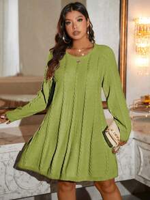 SHEIN LUNE Sukienka damska plus size, luźna, dzianinowa, z okrągłym dekoltem i długim rękawem, jesień/zima - Zielony - Zobacz 3