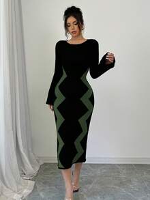 Elenzga Vestido de punto elegante de manga larga y cuello redondo con rayas onduladas ajustado para mujer - Verde Oliva - Ver 5