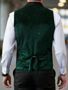 Manfinity AFTRDRK Men's Business Casual Luxury Rhinestone Vest, Shawl Neck Design Adds More Style And Layering, Suitable For Daily Commute, Business, Party And Banquet Wear. This Vest Is An Indispensable Versatile Item In Men's Wardrobe, And A Great Gift For Boyfriend Or Husband Men's Green Vest Sequin Vest Men Men's Fancy Wedding Vest Party Wear For Men Tuxedo Vest For Men - Dark Green - View 2
