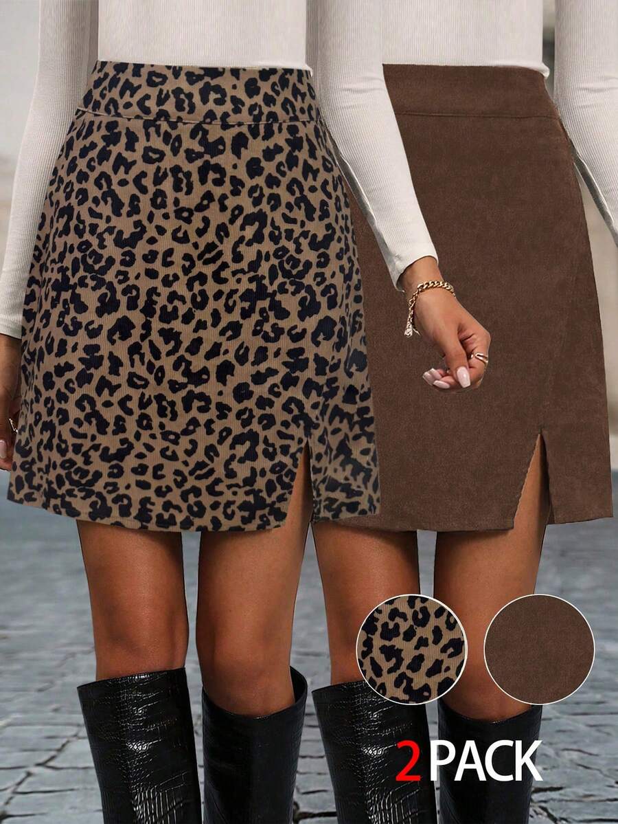 SHEIN LUNE Set Rok Corduroy Wanita Motif Leopard dan Warna Polos untuk Musim Gugur/Dingin - MultiWarna - View 1