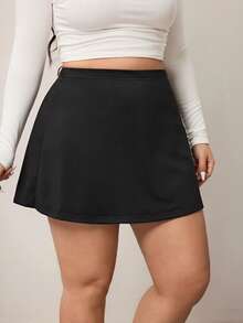 Enliva Plus Size Women's Solid Color Basic Black A-Line Casual Short Skirt, Friendly To Round Body Curves, Winter, For Apple Rounded Body Shape
