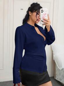 SHEIN EZwear Áo sơ mi tay dài đơn hàng nút đơn màu trơn cỡ lớn dành cho nữ - Màu xanh hải quân - Xem 4