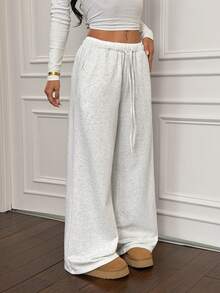 SHEIN PETITE Contrast Color Waistband Drawstring Pockets Casual Wide Leg Baggy Sweatpants,Fall,Fall Clothes For Women,Winter Clothes For Women - Grey - View 12