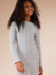 SUMWON Tween Girls Long Sleeve Ribbed Knit Mini Dress Crew Neck Winter Cozy Bodycon Sweater Dress - Grey - View 5