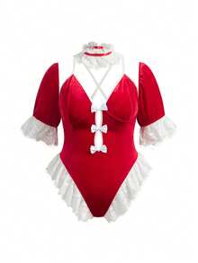 Fantasy Costume 4件套加大码圣诞天鹅绒红白对比性感兔子紧身衣套装 - 酒紅色 - 查看 9