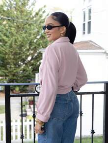 Melissa Matos 法式优雅编织翻领长袖系带开衫，新款夏季白色女士衬衫 - 粉色 - 查看 6