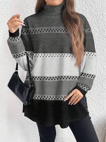 EMERY ROSE Koszulka z długim golfem dla kobiet w kolorze Merlot w kolorze Święto Dziękczynienia, w paski, w minimalistycznym, luźnym rozmiarze, jesień/zima