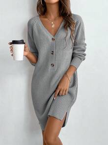 EMERY ROSE V-Neck Button Casual Versatile Long Sleeve Sweater Dress - Light Grey - View 4