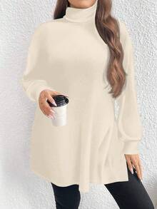 EMERY ROSE Plus Size Casual Minimalist Turtleneck Long T-Shirt, Spring/Autumn/Winter - Multicolor - View 1