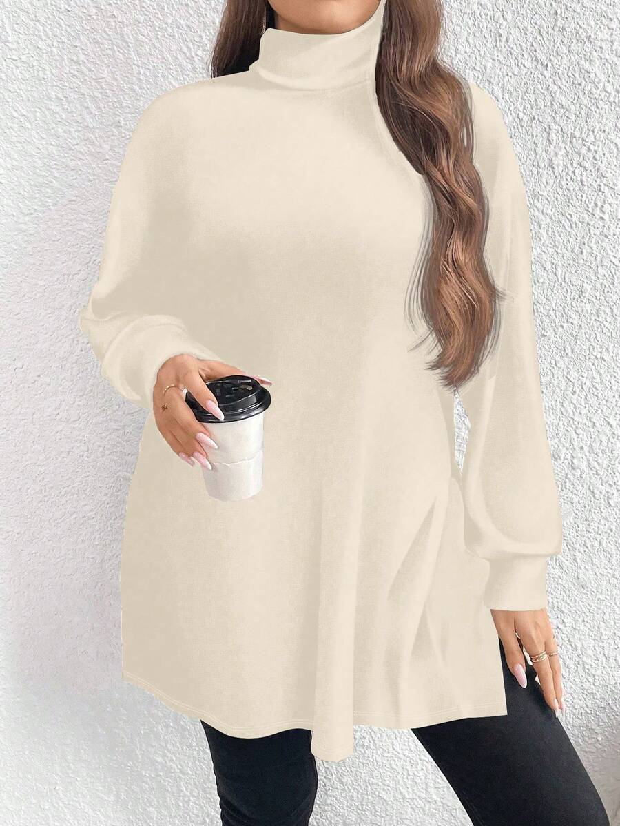 EMERY ROSE Plus Size Casual Minimalist Turtleneck Long T-Shirt, Spring/Autumn/Winter - Multicolor - View 1