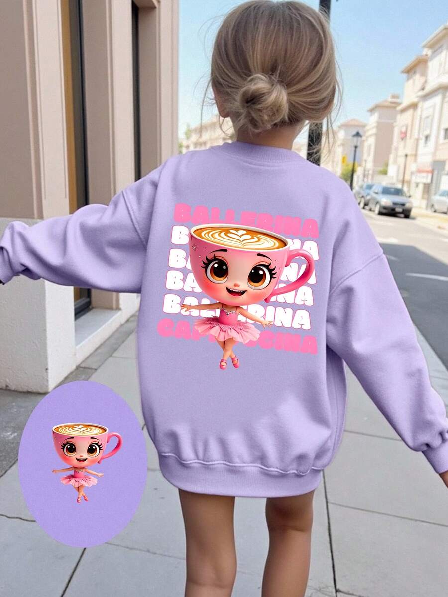 SHEIN Explorewe 1件女童休閒時尚可愛杯子芭蕾女孩彩色趣味字母圓領運動衫,秋季穿搭 - 紫色 - 查看 1