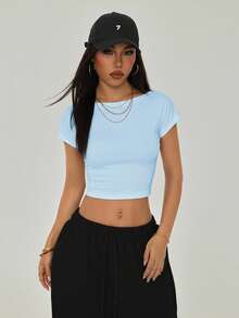 SHEIN PETITE Petite Black Backless T-Shirt, Suitable For Summer - Blue - View 2