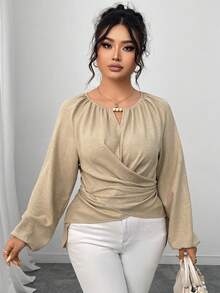 Elenzga Plus Size Women's Solid Color Keyhole Neck Raglan Sleeve Twist Front Fashion Blouse Fall Cloth For Women - Khaki - View 5