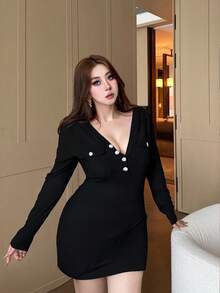 Flirla 大码性感V领针织长袖修身中长连衣裙 - 黑色 - 查看 4
