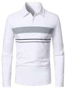 Manfinity Mode 男士休闲Polo衫，街头时尚，英伦风男士白色上衣，男士长袖夏季T恤，男士高尔夫球衫，男士长袖Polo衫，男士白色和灰色长袖衬衫 - 白色 - 查看 3