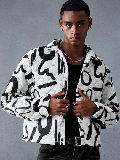 Street Life Men's Casual Quilted Cotton Padded Coat With Printed Pattern, Warm For Winter