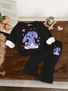 黑色，可爱卡通蓝色兔子图案，女婴休闲简约加厚柔软圆领长袖套头卫衣搭配喇叭裤，时尚套装，适合秋冬季穿着。 - 彩色 - 查看 3