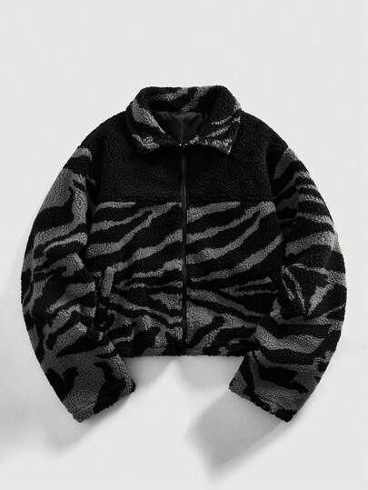 Grunge Punk Men's Zebra Print Long Sleeve Zip-Up Fleece Jacket, Autumn/Winter
