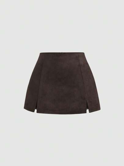 Sweetra Autumn/Winter Maillard Color Suede A-Line Slit Hem Casual Party Mini Skirt For Women