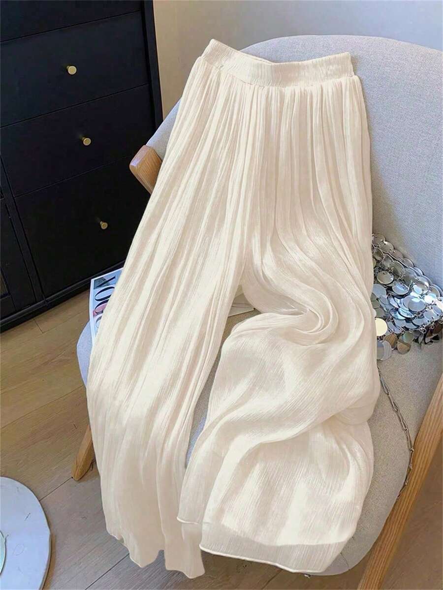 SHEIN LUNE 女士松紧腰纯色休闲裤，适合夏季 - 杏色 - 查看 1