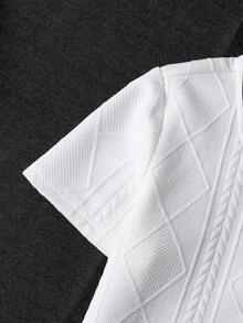 Mirajuku 2pcs/Set Boys Casual Geometric Textured Fabric Contrast Collar Polo Shirt & Shorts Set, Suitable For Daily, Commuting, School Wear - White - View 7