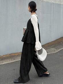 FRIFUL 两件套女士竖纹吊带荷叶边宽松上衣和松紧腰阔腿裤套装 - 鏽棕色 - 查看 4