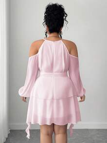 Cravure Women's Cold Shoulder Solid Color Keyhole Neck Lantern Sleeve Dress