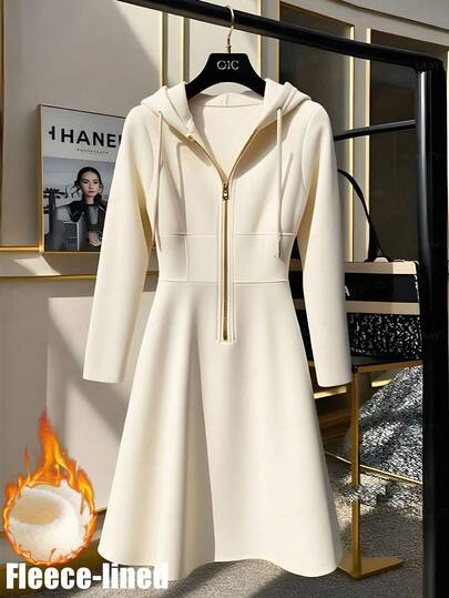 GlowEve CURVE Women's Knitted Gold Zipper Decor Hooded Sweatshirt Dress, French Casual Everyday Commute Fashion French Elegant Street Vintage Versatile Holiday Business Cream Beige/Ivory Long Sleeve Dress, Autumn/Winter