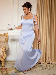 Cravure Plus Size Elegant Party Floral Decor Slip Dress - Blue - View 4