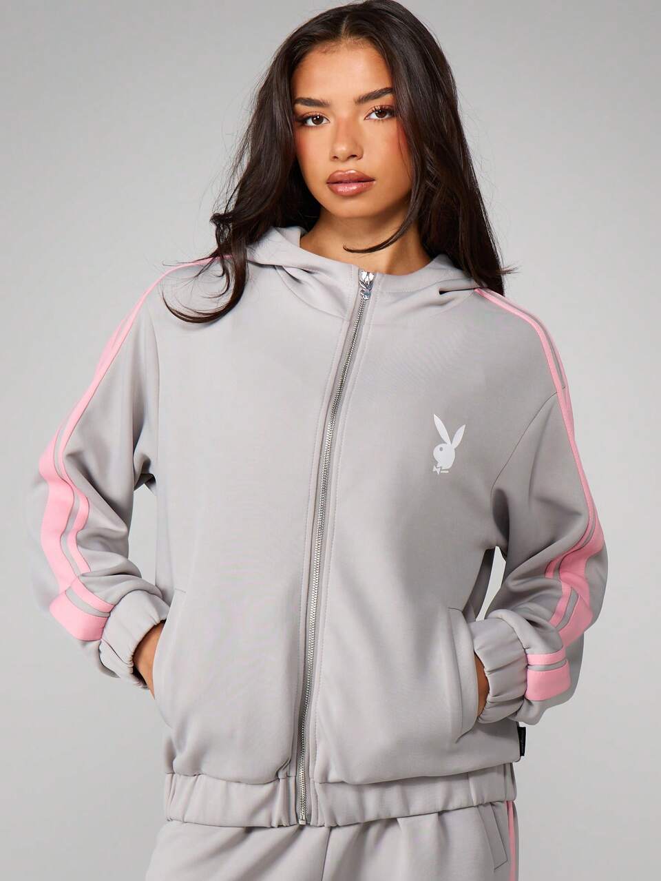 Missguided x Playboy Felpa oversize con cappuccio e zip intera a righe