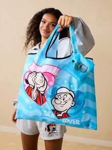 Popeye X SHEIN 1 Cute Cartoon Character Print Foldable Shopping Bag, Tote Bag, With Small Storage Bag With Bead Chain, Can Be Hung On The Bag, Spinach,Gift Ideas - 藍色 - 查看 1