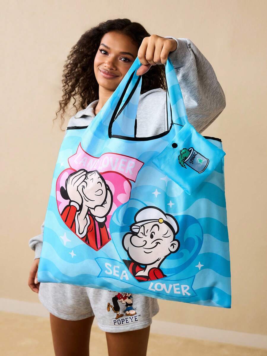 Popeye X SHEIN 1 Cute Cartoon Character Print Foldable Shopping Bag, Tote Bag, With Small Storage Bag With Bead Chain, Can Be Hung On The Bag, Spinach,Gift Ideas - 藍色 - 查看 1