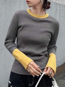 FRIFUL pull casual ajusté à manches longues, col et poignets contrastés, col rond, côtelé. Polyvalent pour l'automne/l'hiver - Gris - Voir 6