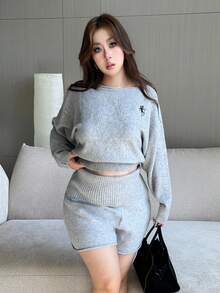 Vibekara Fashionable & Chic Loose Knit Shorts & Sweater Set, Grey, Autumn/Winter
