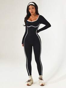 Dewbera Bộ đồ liền thân dài tay tối giản màu tương phản dành cho nữ, đồ thể thao thường ngày - màu đen - Xem 5